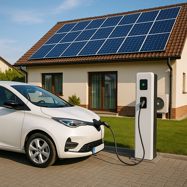 Samochód elektryczny przy stacji ładowania. W tle dom z panelami fotowoltaicznymi i pompą ciepła